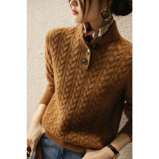 批发秋冬新款立领扭花系扣100%纯山羊绒衫<b class='q'>女</b>欧货高端重工加厚打底毛衣