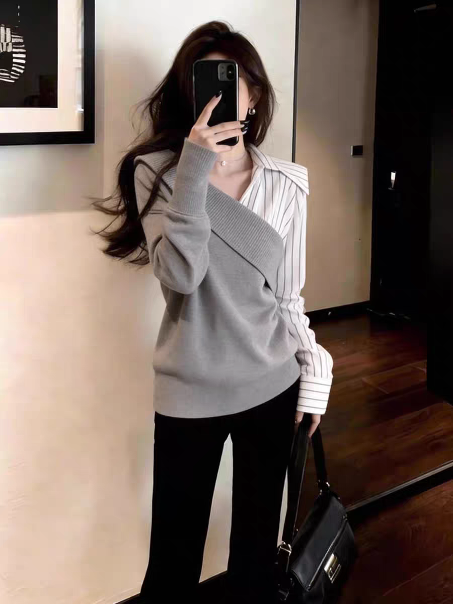 미니멀리즘 캐주얼 와 성별 루즈핏 편안함 일상 출퇴근 페이크 레이어드 맨위 여성 2026 이른 봄 배색 스트라이프 셔츠