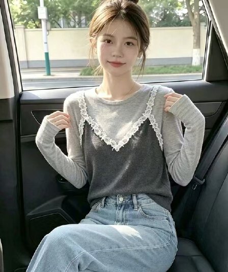 고유 한 슈퍼 잘 생긴 레이스 조각 긴팔 티셔츠 여성 이른 가을 몸매 가꾸기 인사이드 잡아라. 의류 커피 색상 페이크 레이어드 기본 셔츠