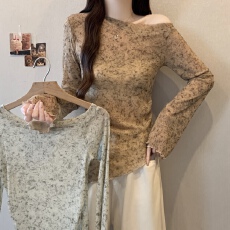 批发实拍~胖MM大码斜肩晕染设计感不规则下摆长袖T恤网纱显瘦小衫