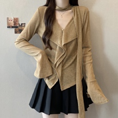 批发实拍~胖MM大码设计感飘带V领T恤女慵懒感显瘦长袖<b class='q'>上衣</b>