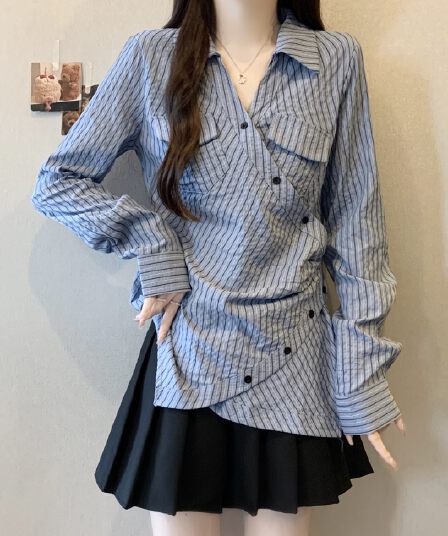 실사 정가 지방 mm 빅 사이즈 디자인 센스 Chic 파란색 여성 셔츠 고급 센스 몸매 가꾸기 슬림해 보이는 스트라이프 셔츠