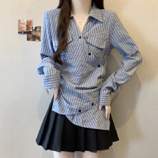 批发实拍实价~胖MM大码设计感别致蓝色衬衫女高级感修身显瘦条纹衬衣