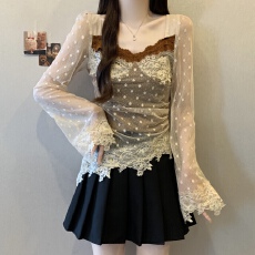 批发实拍~胖MM大码设计感蕾丝拼接假两件长袖上衣