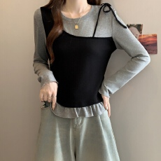 批发实拍~胖MM大码假两件拼接撞色设计木耳边长袖t恤上衣