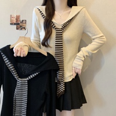 批发实拍实价~胖MM大码海军领条纹披肩假两件针织衫上衣