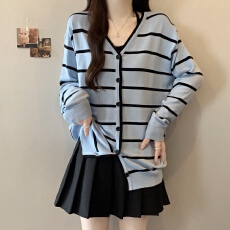 批发实拍胖MM大码韩系蓝色条纹毛衣女休闲长袖针织衫两件套上衣