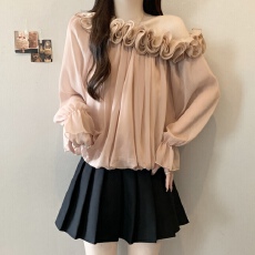 批发实拍~胖MM大码温柔甜美法式斜肩秋季花朵斜肩上衣女