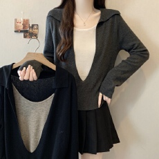 批发实拍~胖MM大码翻领长袖设计感假两件针织长袖上衣