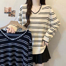 批发实拍~胖MM大码V领条纹设计感百搭长袖针织衫宽松显瘦上衣