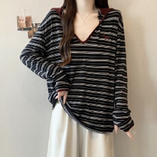 批发实拍~胖MM大码条纹撞色连帽罩衫长袖宽松显瘦T恤上衣