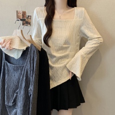 批发实拍~胖MM大码纹理感显瘦方领打底长袖T恤上衣