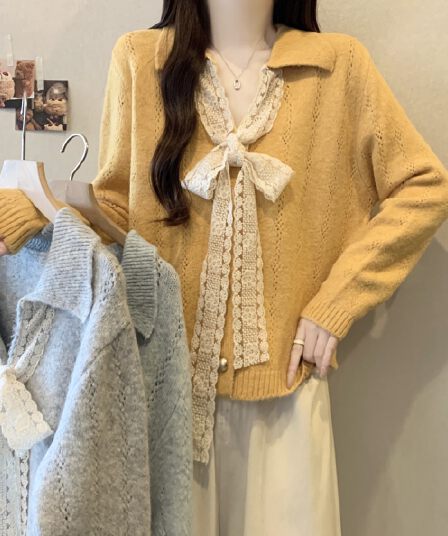실사 지방 mm 빅 사이즈 레이스업 나비 매듭 V넥 스웨터 오픈 가디건 외국 가스 연령 감소 니트 스웨터 여성