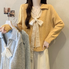 批发实拍~胖MM大码系带蝴蝶结V领毛衣开衫洋气减龄针织衫女