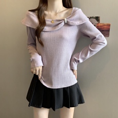 批发实拍~胖MM大码方领紫色针织衫内搭打底衫长袖T恤上衣