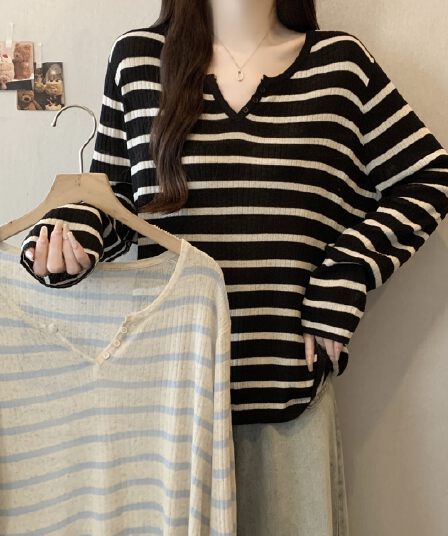 실사 지방 mm 빅 사이즈 V넥 반 개방 칼라 스트라이프 긴팔 니트 스웨터 루즈핏 슬림해 보이는 맨위