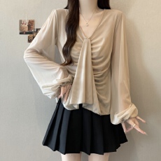 批发实拍~胖MM大码氛围感褶皱V领弹力长袖T恤上衣