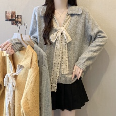 批发实拍~胖MM大码系带蝴蝶结V领毛衣开衫洋气减龄针织衫女