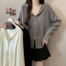 批发实拍~胖MM大码坑条拉链连帽长袖开衫宽松显瘦针织衫上衣