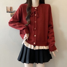 批发实拍～胖MM大码系带红色针织衫毛衣开衫秋冬穿搭荷叶边上衣