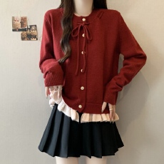 批发实拍～胖MM大码系带红色针织衫<b class='q'>毛衣</b>开衫秋冬穿搭<b class='q'>荷叶边</b>上衣