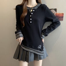 批发实拍~胖MM大码假两件长袖T恤条纹拼接上衣显瘦打底衫