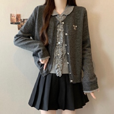 批发实拍~<b class='q'>胖</b><b class='q'>MM</b>大码深灰色假两件翻领设计感拼接毛衣显瘦针织衫上衣