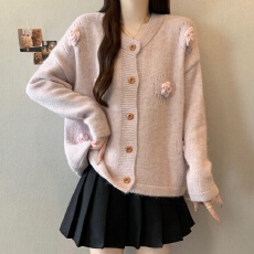 批发实拍~<b class='q'>胖</b><b class='q'>MM</b>大码粉色毛衣开衫外套设计感立体花朵针织衫上衣