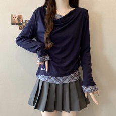 批发实拍~胖MM<b class='q'>大码</b>假两件长袖女荡领上衣显瘦内搭打底衫T恤