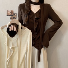 批发实拍~胖MM大码不规则长袖针织衫女设计感显瘦小衫