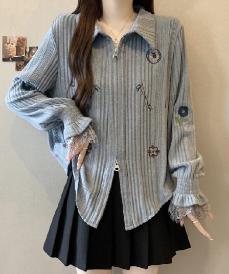 실사 지방 mm 빅 사이즈 품격 패치워크 레이스 더블 지퍼 자수 디자인 센스 긴팔 오픈 가디건 슬림해 보이는 셔츠