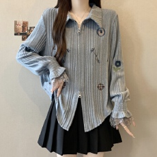 批发实拍~胖MM大码气质拼接蕾丝双拉链绣花设计感长袖开衫显瘦<b class='q'>衬衫</b>