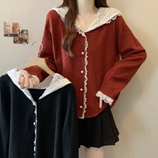 批发实拍~胖MM大码连帽蕾丝拼接上衣宽松显瘦针织衫