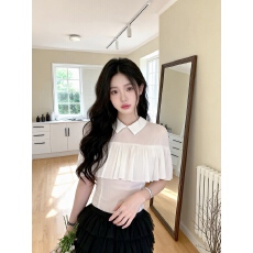 批发实拍~胖MM大码斗篷式雪纺衬衫法式气质设计感压褶<b class='q'>娃娃领</b>上衣