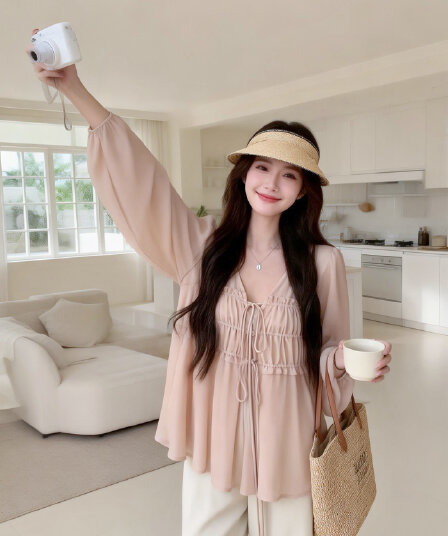 실사 지방 mm 빅 사이즈 이른 봄 한 부서 품격 주름 V넥 레이스업 작은 셔츠