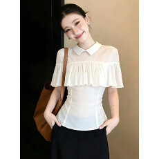 批发实拍~胖MM大码斗篷式雪纺衬衫法式气质设计感压褶<b class='q'>娃娃领</b>上衣