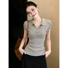 批发实拍~胖MM大码夏季新款翻领单扣V领短款针织上衣