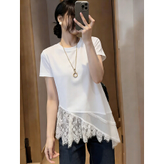 批发实拍~胖MM大码韩系拼接蕾丝不规则下摆圆领短袖t恤女宽松薄款上衣