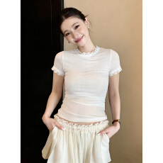 批发实拍~胖MM大码花边舒弹轻透蕾丝边莱赛尔亚麻云朵衫短袖T恤