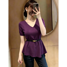 批发已出货~大码高级感v领冰丝针织短袖T恤女设计感显瘦中长款上衣