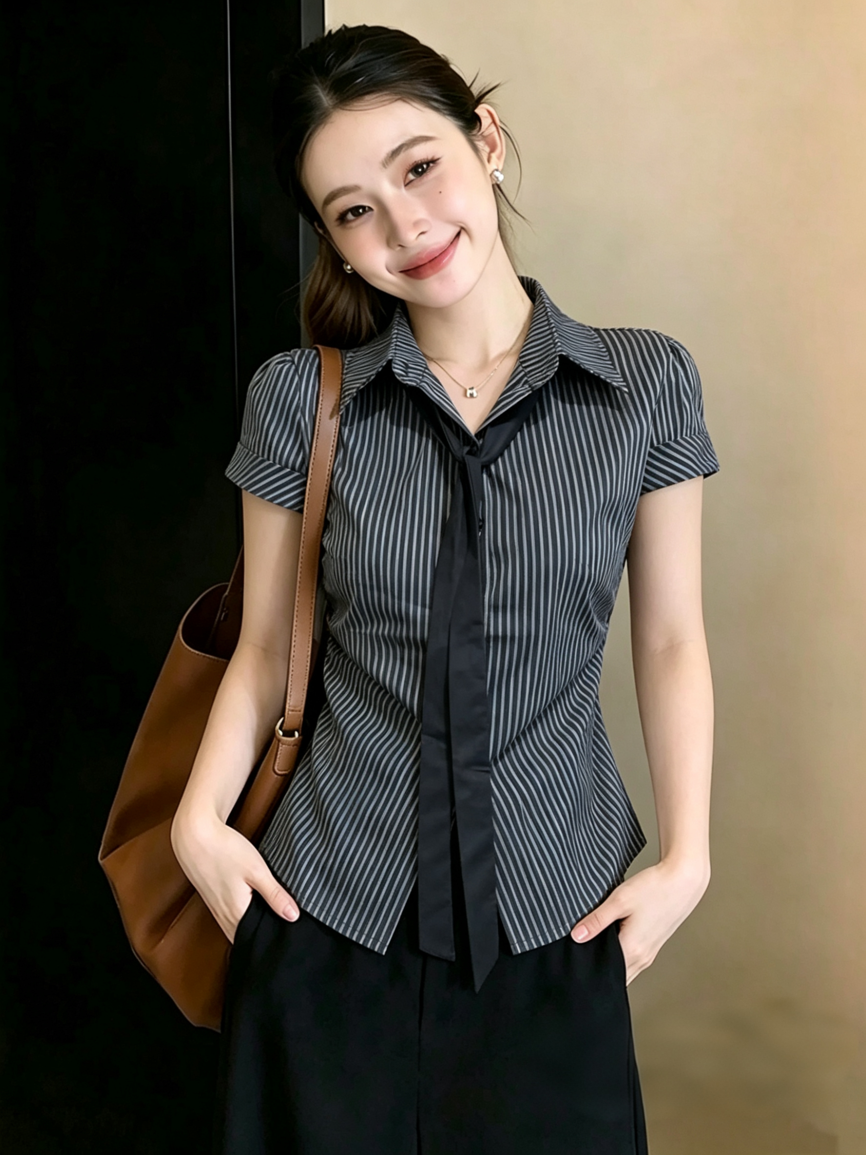 있음 선적 빅 사이즈 아메리칸 레트로 순수한 욕망 바람 스트라이프 반팔 여성 셔츠 디자인 센스 꼬집기 허리 슬림해 보이는 맨위