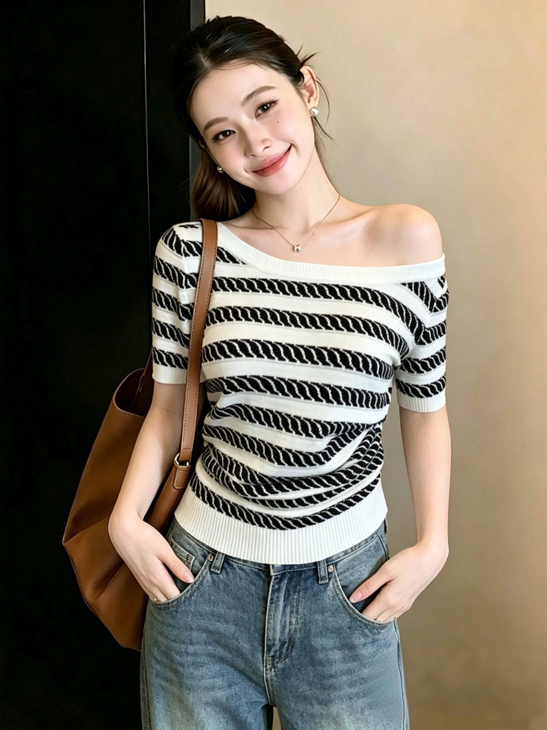 있음 선적 빅 사이즈 출퇴근 바람 비스듬한 어깨 스트라이프 반팔 니트 티셔츠 여성 디자인 센스 다양한 착용 법 슬림해 보이는 맨위