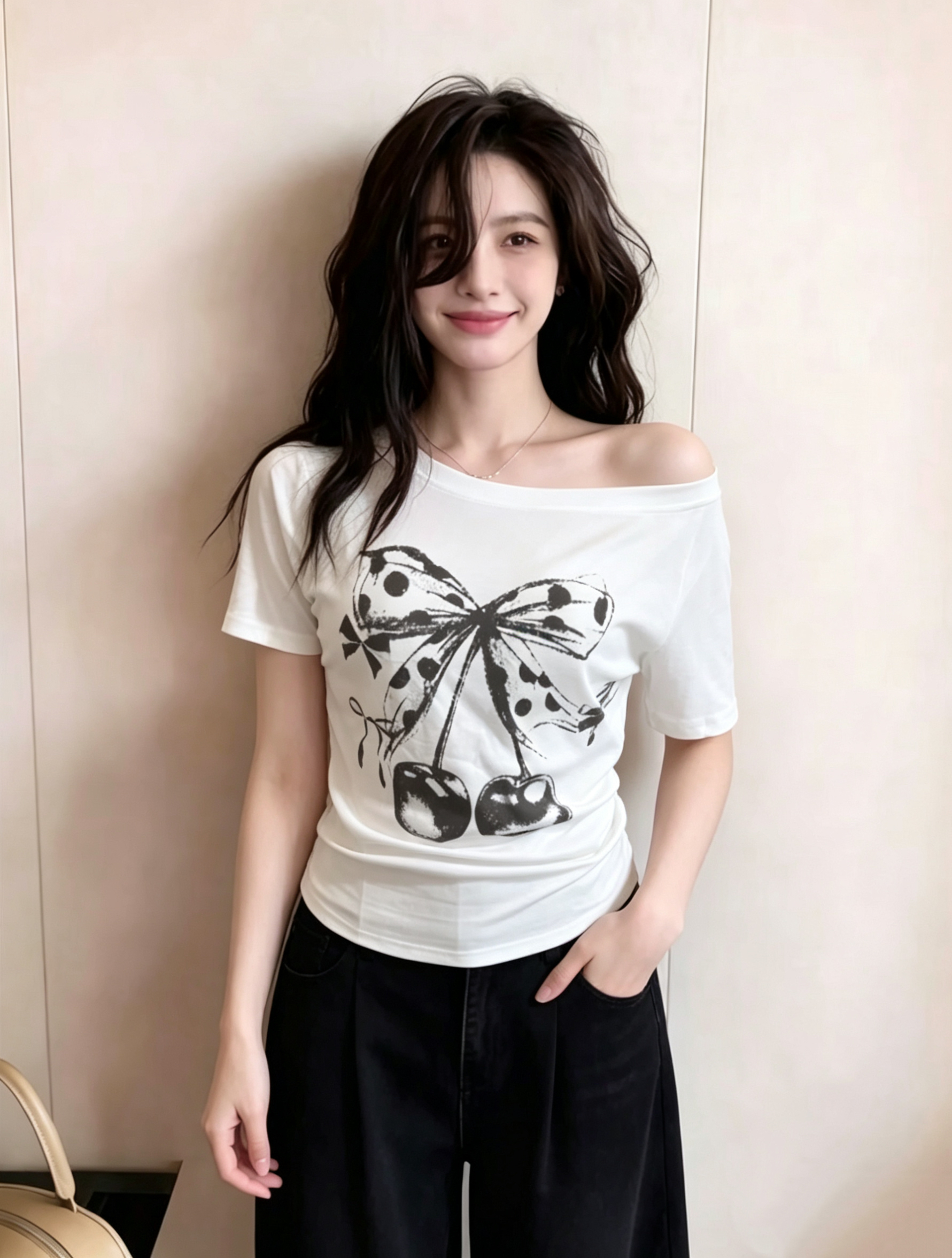 있음 선적 빅 사이즈 아메리칸 순수한 욕망 핫걸 바람 비스듬한 어깨 프린트 반팔 티셔츠 여성 디자인 센스 꼬집기 허리 위로 의류