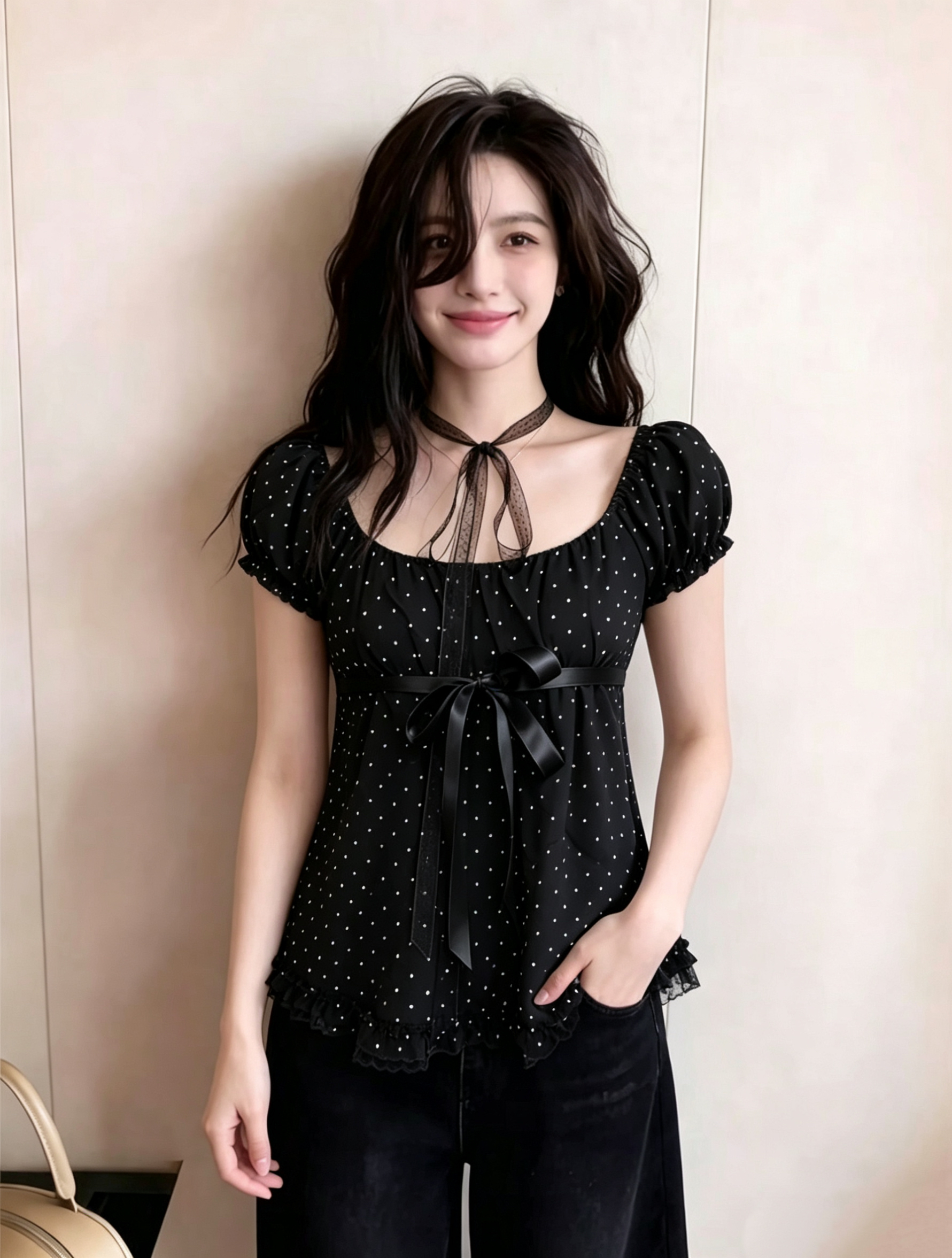 있음 선적 빅 사이즈 한 부서 달콤한 매운맛 바람 광장 칼라 거품 소매 도트 무늬 티셔츠 여성 디자인 센스 슬림해 보이는 경기 리본 맨위