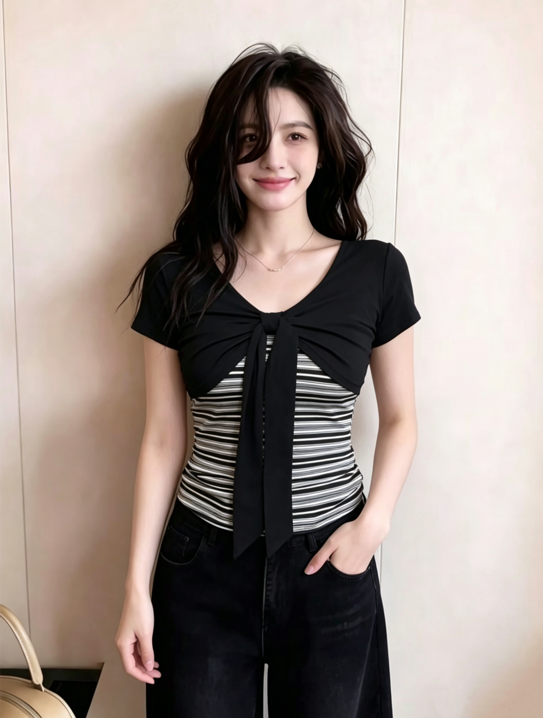 있음 선적 빅 사이즈 순수한 욕망 바람 페이크 레이어드 슬림해 보이는 반팔 티셔츠 여성 디자인 센스 나비 매듭 보다 작은 서울 맨위