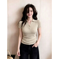 批发已出货~大码韩系v领短袖针织T恤女羊毛混纺吸湿透气百搭显瘦上衣