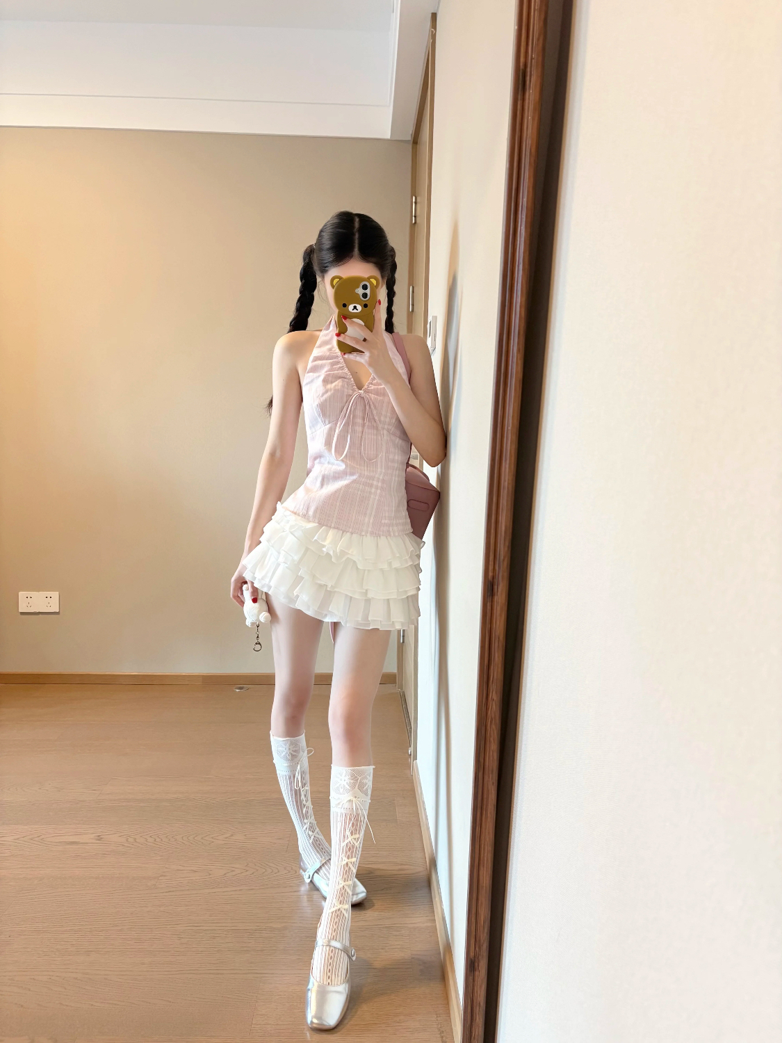 실사 프랑스식 핑크색 행침 목 스트라이프 슬립 작은 조끼 달콤한 매운맛 백리스 해변가 쇼트 스타일 외출용 스트랩 맨위