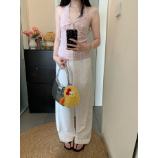 实拍 法式粉色挂脖条纹吊带小背心甜辣露背海边短款外穿绑带上衣