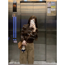 批发实拍 韩系棕色条纹针织衫polo领套头上衣长袖<b class='q'>T</b><b class='q'>恤</b>毛衣