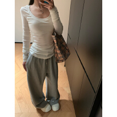 批发实拍 韩版修身寄出百搭长袖U领T恤打底衫